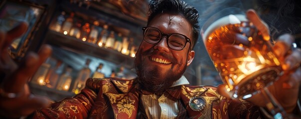 Joyful Man Celebrating with Beer in a Vibrant Bar Setting, Surrounded by Warm Lights and Ecstatic Atmosphere