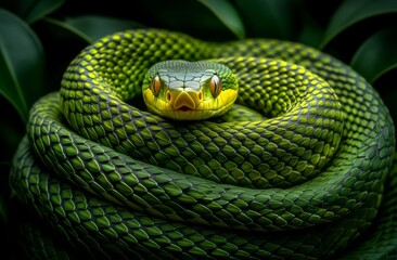 Fototapeta premium As a Chinese symbol for the New Year 2025, this green wooden snake is placed on a branch against a wooden background.