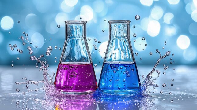 Colorful beakers splash with vibrant liquid. A captivating image showcasing chemistry and science in action.