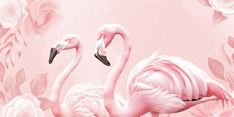 Fototapeta premium Flamingo pattern with cute floral elements, realistic illustration background 