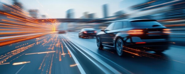 Dynamic shot of cars speeding down a highway, showcasing motion blur and urban scenery, perfect for automotive themes.