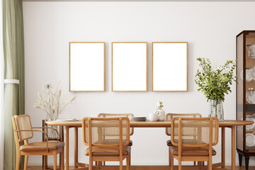 Mockup frame in farmhouse living room interior, 3d render