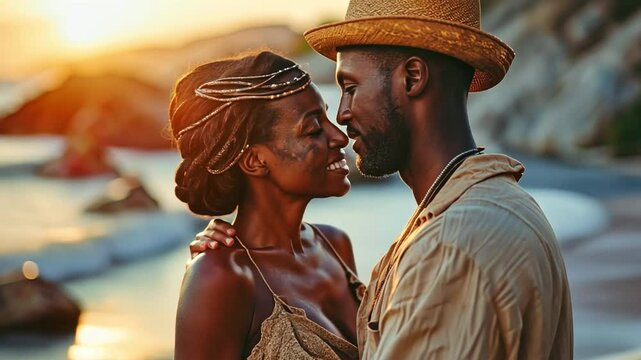 Woman and beach towel on vacation or lazing in the sun, happy couple or seaside weekend. Black couple, man in a shirtless swimsuit on the beach, relaxing on the sand, getting married, or summertime sc