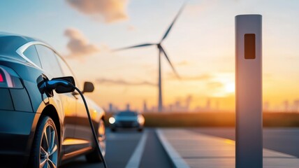 Electric vehicle charging at sunset with wind turbines, symbolizing sustainable energy and eco-friendly transportation.