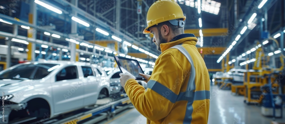 Poster a safety-clad engineer examines the production process in an advanced car manufacturing factory, usi