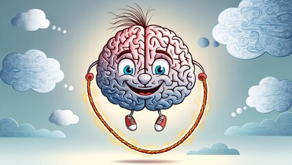 Whimsical brain illustration jumping rope with thought bubbles