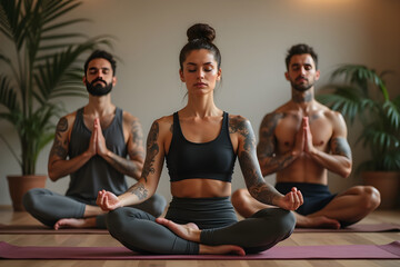 Fototapeta premium breath exercise and group mediatation in yoga studio, mindfulness, men and women meditating and breathing