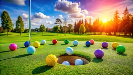 Colorful golf balls scattered around a hole, one ball teetering on the edge, others nearby, showcasing various distances from the flagstick on a lush green course.