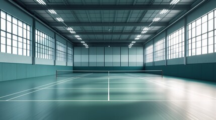 A spacious indoor tennis court with a smooth floor and large windows for natural light.
