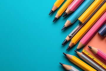 Fototapeta premium A minimalist flat lay of basic school supplies, including a ruler, eraser, and pencil, arranged neatly on a pastel background