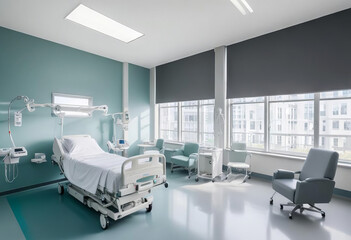 Illustration hospital interior in recovery or inpatient room with bed and amenities