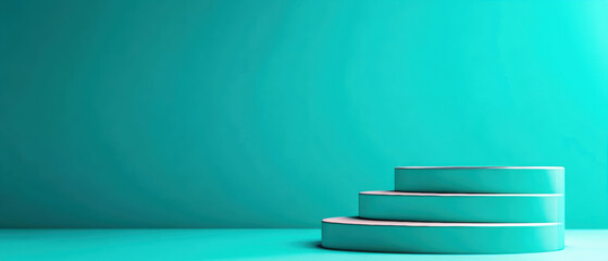 Minimalist turquoise backdrop with three circular platforms, perfect for product display or creative presentations.