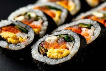 kimbap or gimbap is Korean roll Gimbap (kimbob) made from steamed white rice (bap) and various other ingredients, this food from south Korea. Close up of kimbap on black background. Generative Ai