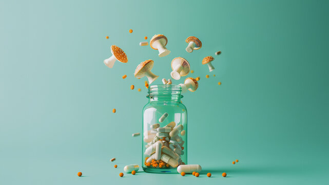 Jar of mushroom supplement capsules with fresh mushrooms on a blue background. Natural and alternative medicine concept.
