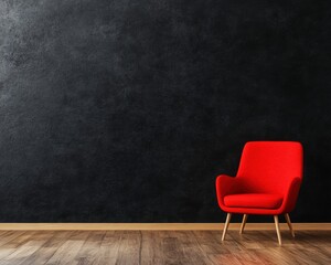 Modern interior with stylish red armchair against dark wall. Perfect for concepts of design, simplicity, and elegance in empty spaces.