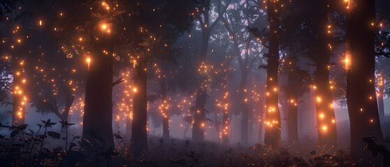 Obraz premium Enchanted Forest: A forest with mysterious lights, fog and scary silhouettes.
