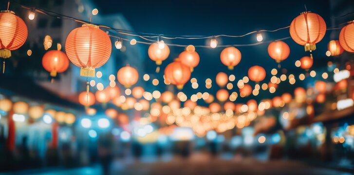 The colorful lanterns and digital displays illuminate a vibrant Chinese New Year celebration in futuristic Chinatown.