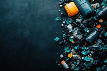 Plastic waste scattered across a dark background, highlighting environmental pollution and the need for recycling and sustainability efforts.