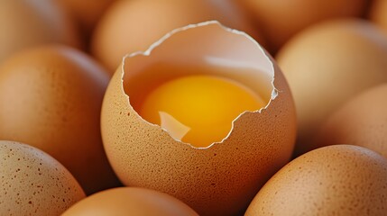 A close-up shot of several brown eggs crowded on a table, with one egg half-open revealing an empty yolk cup, surrounded by other eggs.