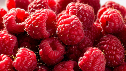 Close-Up of Ripe Raspberries with Detailed Texture, Bright Red Color, Natural and Organic Appearance, Three-Dimensional Depth, Shadows and Reflections, Highlighting Freshness and Juiciness, Perfect fo