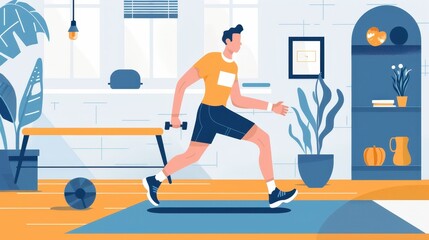 Man exercising at home with dumbbells in a stylish living room, staying fit and active indoors with home workout routines.