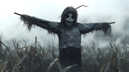 Fototapeta premium Sinister Scarecrow Looming Over Misty Cornfield in Dark Fantasy Atmosphere