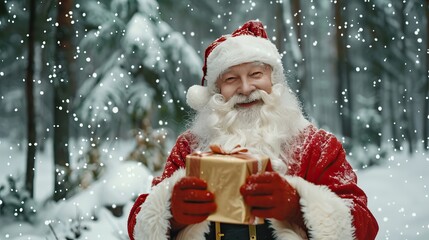 Happy Santa Claus with a gift on a Christmas background. Advertising New Year's Christmas discount, Christmas promotion. Christmas and New Year concept