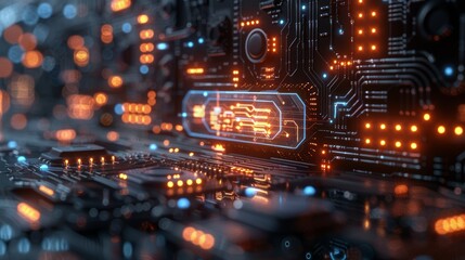 Obraz premium High-Tech Futuristic Circuit Board Background with Glowing Orange and Blue Lights