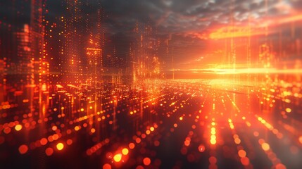 Fototapeta premium Futuristic Digital Landscape with Glowing Lights and Abstract Cityscape at Sunset