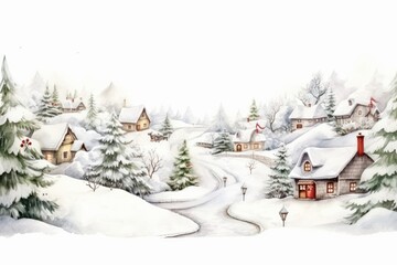 Snowy Christmas Village Scene with Decorated Houses