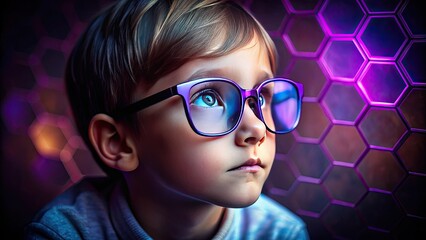 Contemplative Child with Purple Octagonal Glasses: Lost in thought, distant gaze, hexagonal frames with vibrant purple lenses