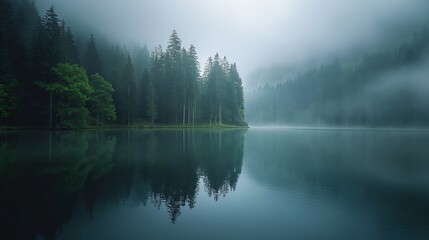 Misty Forest Lake Reflection - Tranquil Nature Photography