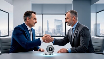 Business partners exchanging bitcoin in a digital deal