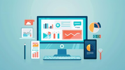 Modern data analytics workspace with charts and graphs on computer screens, representing business intelligence and digital data analysis tools.