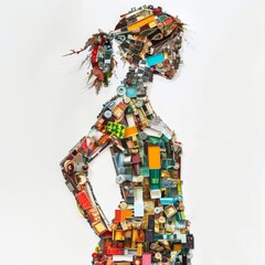 Creative Collage Art of a Woman Silhouette Made from Recycled Materials and Everyday Objects
