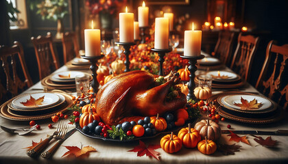Thanksgiving vibe a beautifully set dining table adorned with a golden brown roasted chicken and small decorative pumpkins and colorful berries