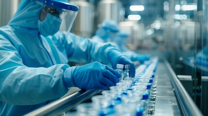 In the pharmaceutical industry, healthcare professionals work in a sterile environment, handling medical supplies meticulously on the production line to ensure precision and safety