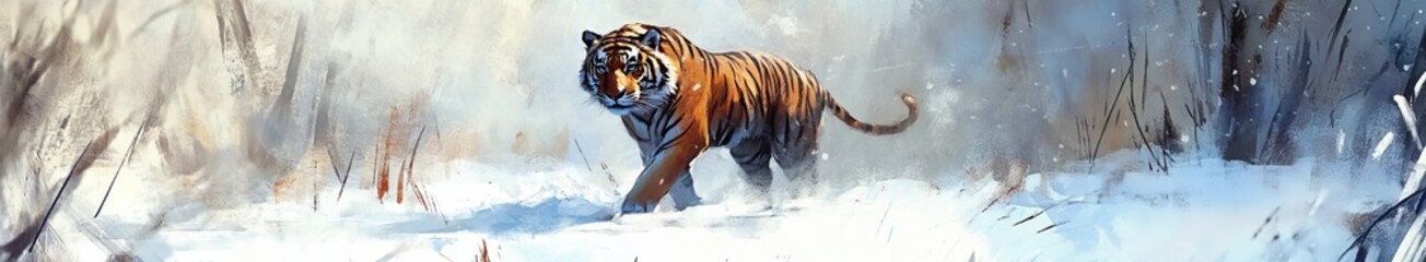Obraz premium Anime-style Tiger in the Snow: The Ideal Creative Poster for 2025 Winter Sports, Christmas, New Year, and Spring Festival Promotions,Anime-style illustrations, picture books for poster, novel, user