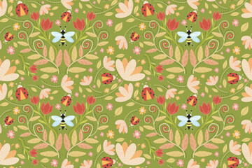  bee with floral seamless pattern