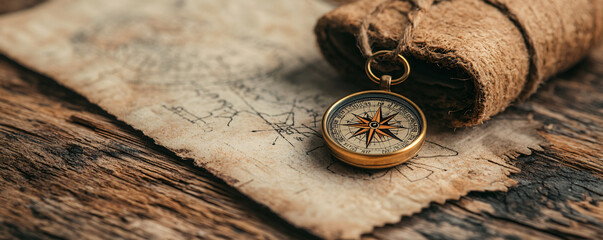 An antique compass rests on an old map, symbolizing adventure and exploration in a rustic setting.