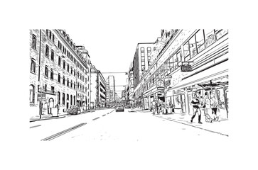 Print Building view with landmark of  Stockholm is the capital in Sweden. Hand drawn sketch illustration in vector.