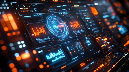 Obraz premium Futuristic Interface with Glowing Lights and Digital Displays - 3D Illustration
