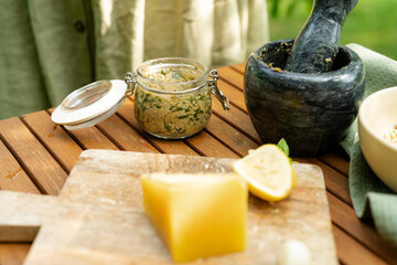 Fresh Pesto sauce ingredients, High angle view of ingredients on table