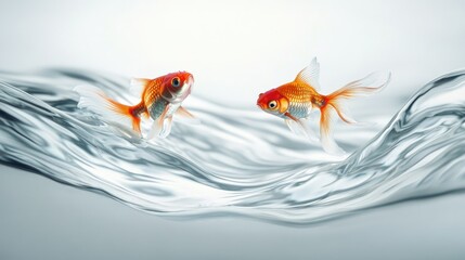 A dynamic wave of clear water flowing gracefully, two goldfish observing, peaceful scene.