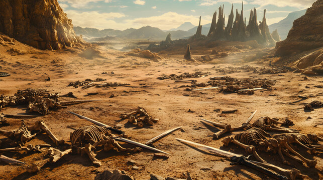 Barren Desert Landscape Scattered with Eerie Piles of Bones