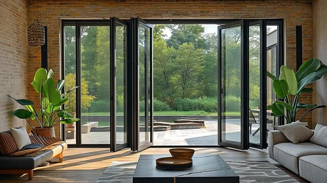 a folding aluminium door that opens to the terrace