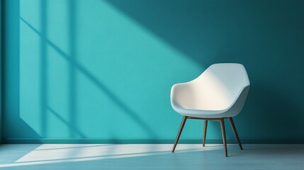 A white chair sits in front of a blue wall