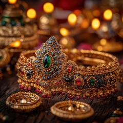 A detailed view of an ornate Indian gold bracelet studded with gemstones, reflecting the exquisite craftsmanship and deep cultural heritage.