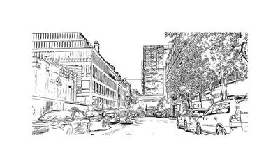 Print Building view with landmark of  Stockholm is the capital in Sweden. Hand drawn sketch illustration in vector.