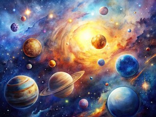 Cosmic Radiance: Watercolor brushstrokes create a luminous glow that illuminates celestial bodies, capturing their beauty and grandeur.